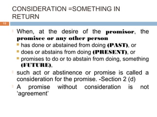 CONSIDERATION =SOMETHING IN
RETURN
10
 When, at the desire of the promisor, the
promisee or any other person
 has done or abstained from doing (PAST), or
 does or abstains from doing (PRESENT), or
 promises to do or to abstain from doing, something
(FUTURE),
 such act or abstinence or promise is called a
consideration for the promise. -Section 2 (d)
 A promise without consideration is not
‘agreement’
 