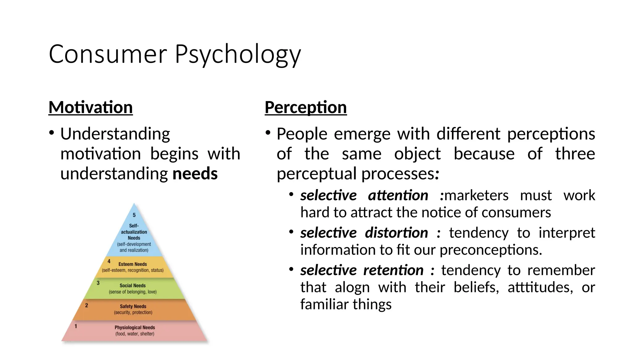 Consumer Psychology
Motivation
• Understanding
motivation begins with
understanding needs
Perception
• People emerge with different perceptions
of the same object because of three
perceptual processes:
• selective attention :marketers must work
hard to attract the notice of consumers
• selective distortion : tendency to interpret
information to fit our preconceptions.
• selective retention : tendency to remember
that alogn with their beliefs, atttitudes, or
familiar things
 