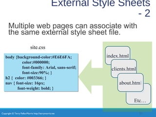 Copyright © Terry Felke-Morris http://terrymorris.net
body {background-color:#E6E6FA;
color:#000000;
font-family: Arial, sans-serif;
font-size:90%; }
h2 { color: #003366; }
nav { font-size: 16px;
font-weight: bold; }
body {background-color:#E6E6FA;
color:#000000;
font-family: Arial, sans-serif;
font-size:90%; }
h2 { color: #003366; }
nav { font-size: 16px;
font-weight: bold; }
External Style Sheets
- 2
Multiple web pages can associate with
the same external style sheet file.
32
site.css
index.htmlindex.html
clients.htmlclients.html
about.htmlabout.html
Etc…
 