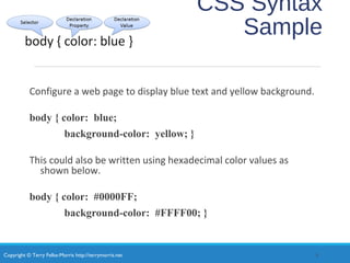Copyright © Terry Felke-Morris http://terrymorris.net
CSS Syntax
Sample
Configure a web page to display blue text and yellow background.
body { color: blue;
background-color: yellow; }
This could also be written using hexadecimal color values as
shown below.
body { color: #0000FF;
background-color: #FFFF00; }
8
 