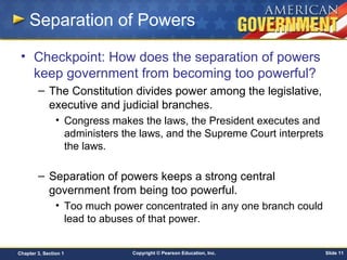 Copyright © Pearson Education, Inc. Slide 11Chapter 3, Section 1
Separation of Powers
• Checkpoint: How does the separation of powers
keep government from becoming too powerful?
– The Constitution divides power among the legislative,
executive and judicial branches.
• Congress makes the laws, the President executes and
administers the laws, and the Supreme Court interprets
the laws.
– Separation of powers keeps a strong central
government from being too powerful.
• Too much power concentrated in any one branch could
lead to abuses of that power.
 
