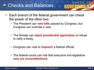 Copyright © Pearson Education, Inc. Slide 12Chapter 3, Section 1
Checks and Balances
• Each branch of the federal government can check
the power of the other two.
– The President can veto bills passed by Congress, but
Congress can override a veto.
– The Senate can reject presidential appointees or refuse
to ratify a treaty.
– Congress can vote to impeach a federal official.
– The federal courts can rule that executive and legislative
acts are unconstitutional.
 