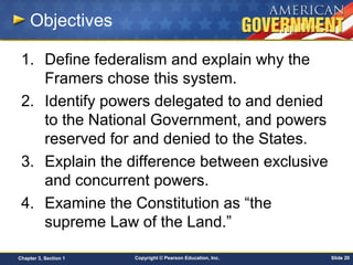 Copyright © Pearson Education, Inc. Slide 20Chapter 3, Section 1
Objectives
1. Define federalism and explain why the
Framers chose this system.
2. Identify powers delegated to and denied
to the National Government, and powers
reserved for and denied to the States.
3. Explain the difference between exclusive
and concurrent powers.
4. Examine the Constitution as “the
supreme Law of the Land.”
 