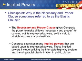 Copyright © Pearson Education, Inc. Slide 27Chapter 3, Section 1
Implied Powers
• Checkpoint: Why is the Necessary and Proper
Clause sometimes referred to as the Elastic
Clause?
– The Necessary and Proper Clause gives Congress
the power to make all laws “necessary and proper” for
carrying out its expressed powers, so it is said to
stretch to cover many situations.
– Congress exercises many implied powers that are
based upon its expressed powers. These implied
powers include building the interstate highway system
and banning racial discrimination in public places.
 