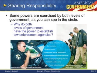 Copyright © Pearson Education, Inc. Slide 34Chapter 3, Section 1
Sharing Responsibility
• Some powers are exercised by both levels of
government, as you can see in the circle.
– Why do both
levels of government
have the power to establish
law enforcement agencies?
 