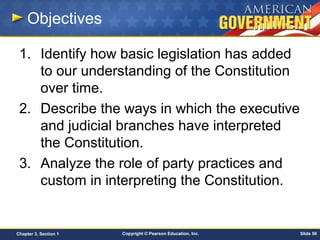 Copyright © Pearson Education, Inc. Slide 56Chapter 3, Section 1
Objectives
1. Identify how basic legislation has added
to our understanding of the Constitution
over time.
2. Describe the ways in which the executive
and judicial branches have interpreted
the Constitution.
3. Analyze the role of party practices and
custom in interpreting the Constitution.
 