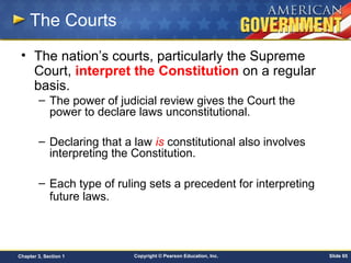 Copyright © Pearson Education, Inc. Slide 65Chapter 3, Section 1
The Courts
• The nation’s courts, particularly the Supreme
Court, interpret the Constitution on a regular
basis.
– The power of judicial review gives the Court the
power to declare laws unconstitutional.
– Declaring that a law is constitutional also involves
interpreting the Constitution.
– Each type of ruling sets a precedent for interpreting
future laws.
 