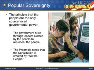 Copyright © Pearson Education, Inc. Slide 9Chapter 3, Section 1
Popular Sovereignty
• The principle that the
people are the only
source for all
governmental power.
– The government rules
through leaders elected
by the people to
represent the people.
– The Preamble notes that
the Constitution is
created by “We the
People.”
 