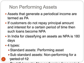 Non Performing Assets
 Assets that generate a periodical income are
termed as PA
 If customers do not repay principal amount
and interest for a certain period of time then
such loans become NPA
 In India for classifying an assets as NPA is 180
days
 4 types:
 Standard assets: Performing asset
 Sub standard assets: Non-performing for a
period of 1221 Prepared by: Ms. Himani R.
 