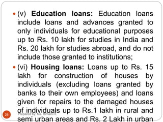  (v) Education loans: Education loans
include loans and advances granted to
only individuals for educational purposes
up to Rs. 10 lakh for studies in India and
Rs. 20 lakh for studies abroad, and do not
include those granted to institutions;
 (vi) Housing loans: Loans up to Rs. 15
lakh for construction of houses by
individuals (excluding loans granted by
banks to their own employees) and loans
given for repairs to the damaged houses
of individuals up to Rs.1 lakh in rural and
semi urban areas and Rs. 2 Lakh in urban
28 Prepared by: Ms. Himani R.
 