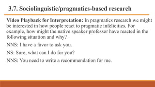 3.7. Sociolinguistic/pragmatics-based research
Video Playback for Interpretation: In pragmatics research we might
be interested in how people react to pragmatic infelicities. For
example, how might the native speaker professor have reacted in the
following situation and why?
NNS: I have a favor to ask you.
NS: Sure, what can I do for you?
NNS: You need to write a recommendation for me.
 