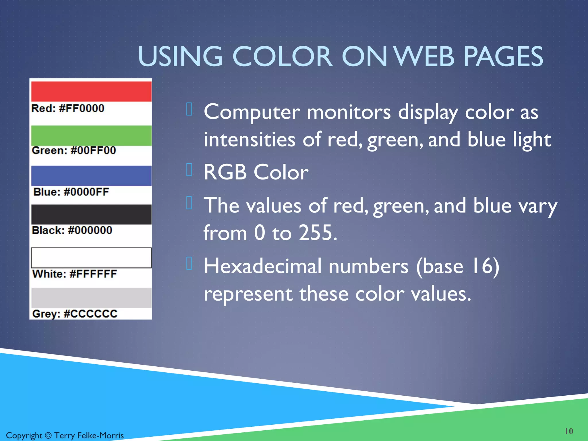 Copyright © Terry Felke-Morris
USING COLOR ON WEB PAGES
 Computer monitors display color as
intensities of red, green, and blue light
 RGB Color
 The values of red, green, and blue vary
from 0 to 255.
 Hexadecimal numbers (base 16)
represent these color values.
10
 