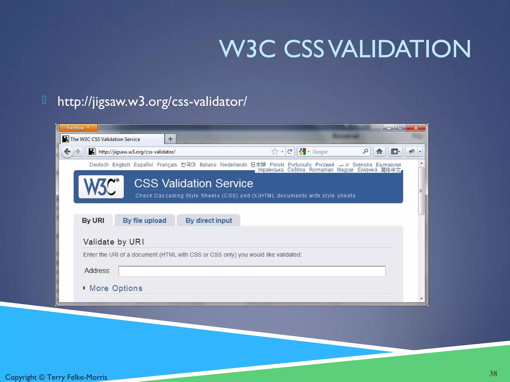 Copyright © Terry Felke-Morris
W3C CSSVALIDATION
 http://jigsaw.w3.org/css-validator/
38
 