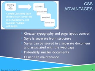 Copyright © Terry Felke-Morris
CSS
ADVANTAGES
 Greater typography and page layout control
 Style is separate from structure
 Styles can be stored in a separate document
and associated with the web page
 Potentially smaller documents
 Easier site maintenance
4
 