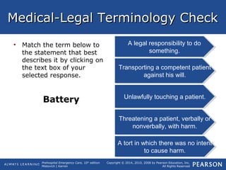 Prehospital Emergency Care, 10th
edition
Mistovich | Karren
Copyright © 2014, 2010, 2008 by Pearson Education, Inc.
All Rights Reserved
Medical-Legal Terminology CheckMedical-Legal Terminology Check
• Match the term below to
the statement that best
describes it by clicking on
the text box of your
selected response.
Battery
A tort in which there was no intent
to cause harm.
A tort in which there was no intent
to cause harm.
Transporting a competent patient
against his will.
Transporting a competent patient
against his will.
A legal responsibility to do
something.
A legal responsibility to do
something.
Unlawfully touching a patient.Unlawfully touching a patient.
Threatening a patient, verbally or
nonverbally, with harm.
Threatening a patient, verbally or
nonverbally, with harm.
 