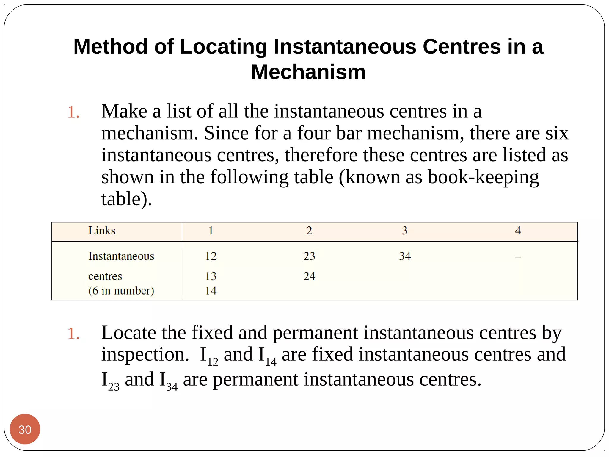 1. Make a list of all the instantaneous centres in a
mechanism. Since for a four bar mechanism, there are six
instantaneous centres, therefore these centres are listed as
shown in the following table (known as book-keeping
table).
1. Locate the fixed and permanent instantaneous centres by
inspection. I12 and I14 are fixed instantaneous centres and
I23 and I34 are permanent instantaneous centres.
Method of Locating Instantaneous Centres in a
Mechanism
30
 