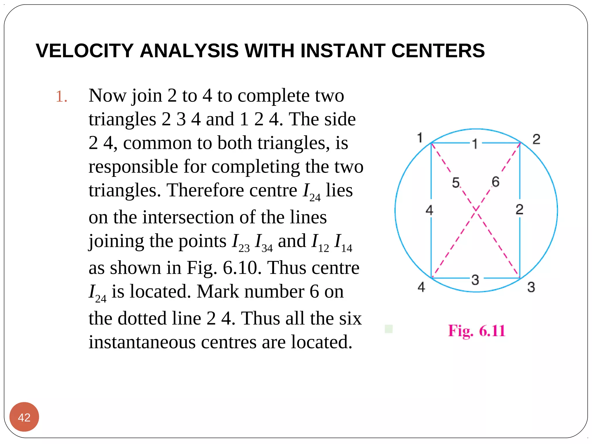 VELOCITY ANALYSIS WITH INSTANT CENTERS
1. Now join 2 to 4 to complete two
triangles 2 3 4 and 1 2 4. The side
2 4, common to both triangles, is
responsible for completing the two
triangles. Therefore centre I24 lies
on the intersection of the lines
joining the points I23 I34 and I12 I14
as shown in Fig. 6.10. Thus centre
I24 is located. Mark number 6 on
the dotted line 2 4. Thus all the six
instantaneous centres are located.
42
 