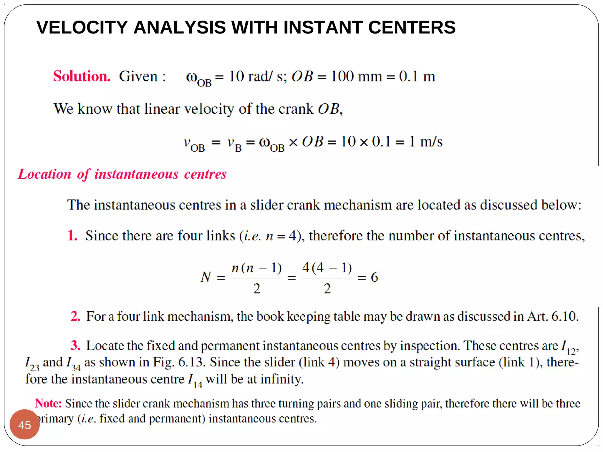 VELOCITY ANALYSIS WITH INSTANT CENTERS
45
 