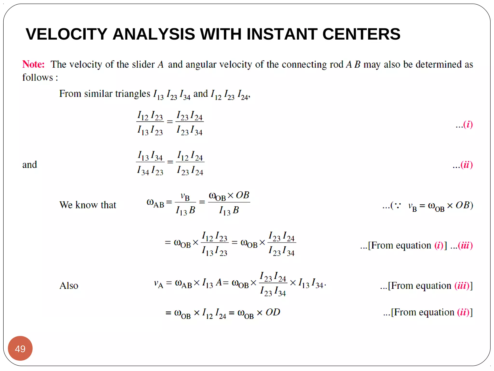 VELOCITY ANALYSIS WITH INSTANT CENTERS
49
 