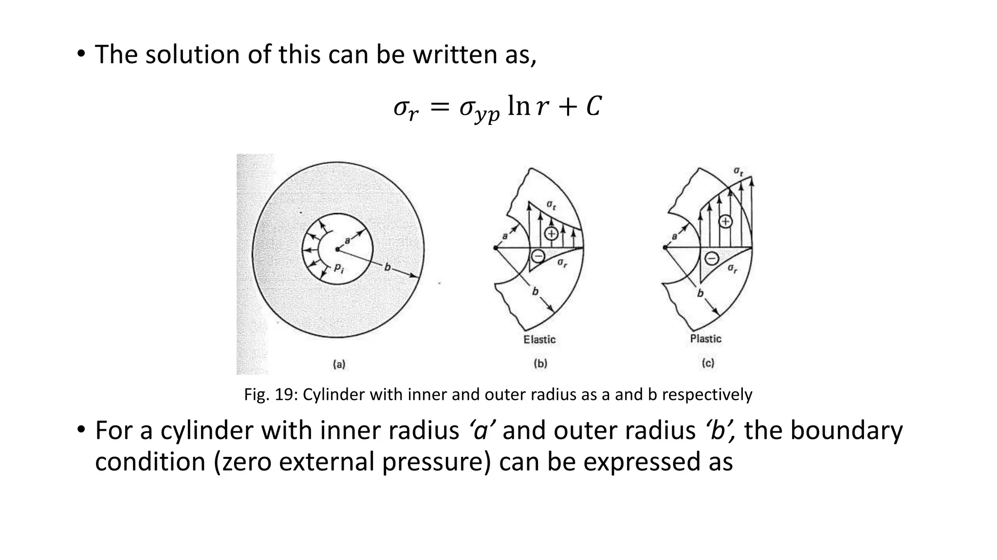 • The solution of this can be written as,
𝜎𝑟 = 𝜎 𝑦𝑝 ln 𝑟 + 𝐶
Fig. 19: Cylinder with inner and outer radius as a and b respectively
• For a cylinder with inner radius ‘a’ and outer radius ‘b’, the boundary
condition (zero external pressure) can be expressed as
 