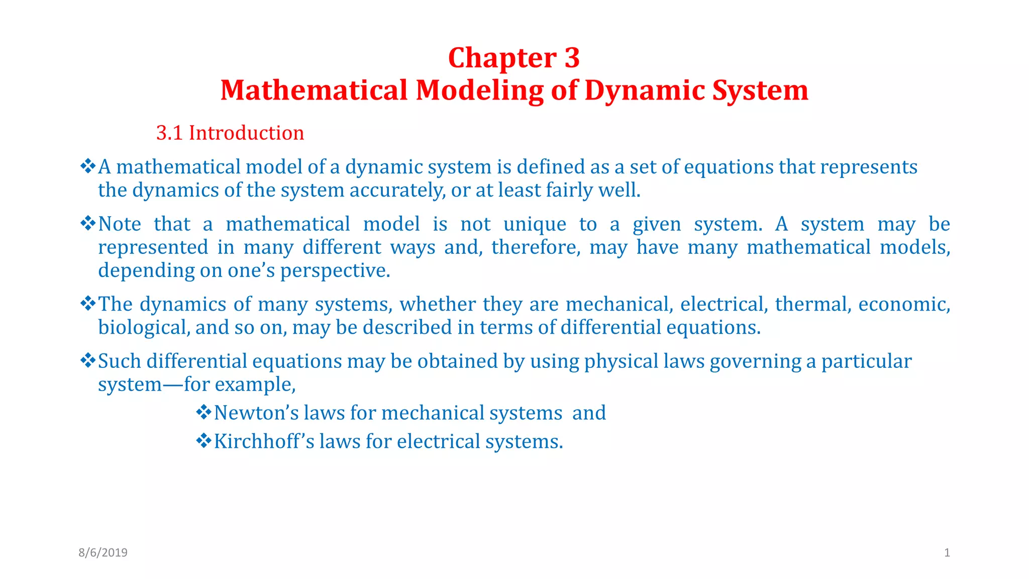 Chapter 3 mathematical modeling of dynamic system PPT