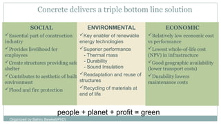 SOCIAL
Concrete delivers a triple bottom line solution
SOCIAL
Essential part of construction
industry
Provides livelihood for
employees
Create structures providing safe
shelter
Contributes to aesthetic of built
environment
Flood and fire protection
ENVIRONMENTAL
Key enabler of renewable
energy technologies
Superior performance
- Thermal mass
- Durability
- Sound Insulation
Readaptation and reuse of
structures
Recycling of materials at
end of life
ECONOMIC
Relatively low economic cost
vs performance
Lowest whole-of-life cost
(NPV) in infrastructure
Good geographic availability
(lower transport costs)
Durability lowers
maintenance costs
people + planet + profit = green
Organized by Bahiru Bewket(PhD)
 