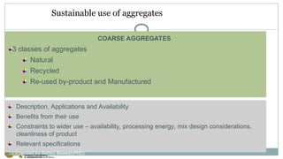 Sustainable use of aggregates
COARSE AGGREGATES
3 classes of aggregates
Natural
Recycled
Re-used by-product and Manufactured
Description, Applications and Availability
Benefits from their use
Constraints to wider use – availability, processing energy, mix design considerations,
cleanliness of product
Relevant specifications
Organized by Bahiru Bewket(PhD)
 