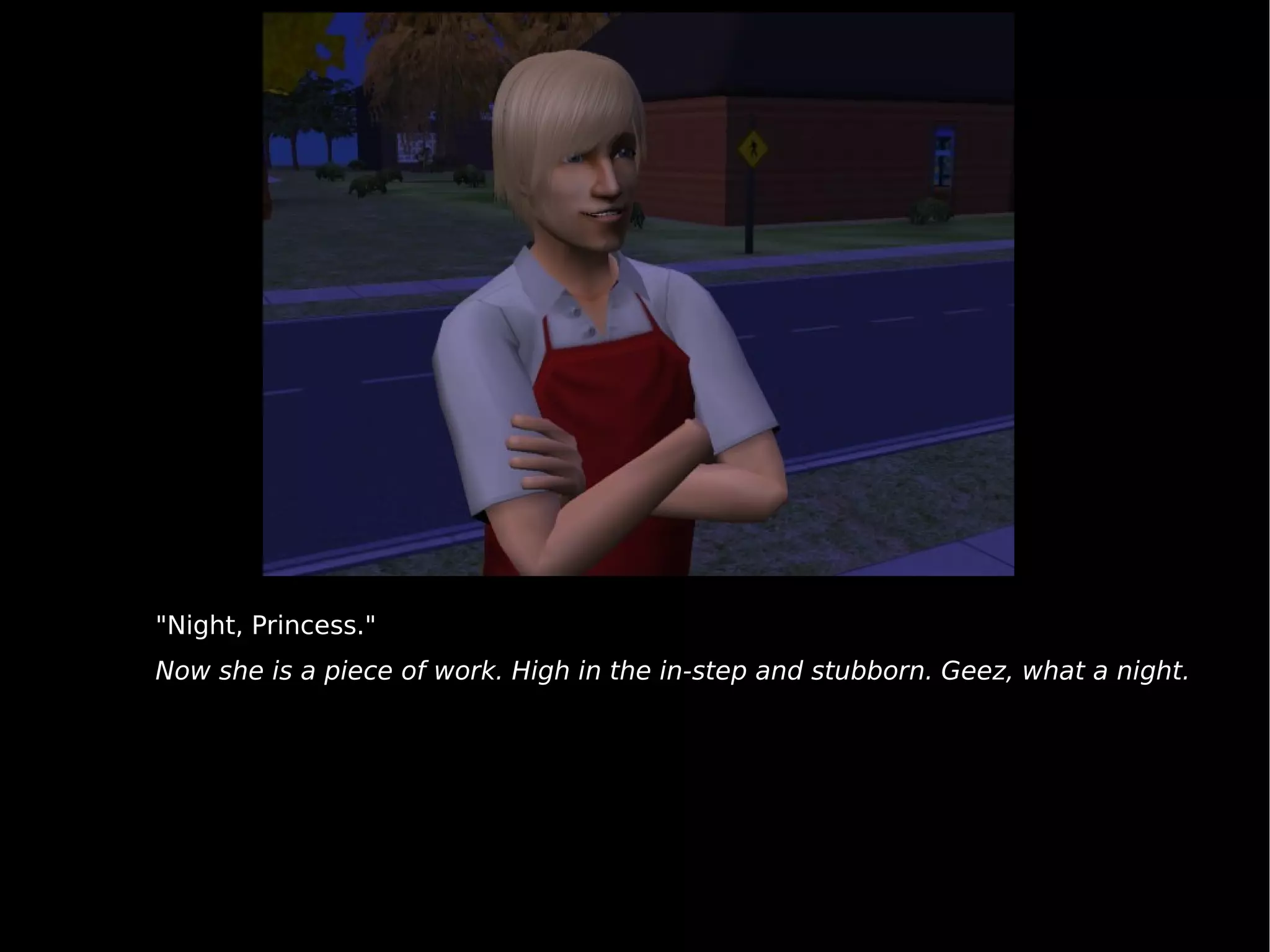 "Night, Princess." Now she is a piece of work. High in the in-step and stubborn. Geez, what a night. 