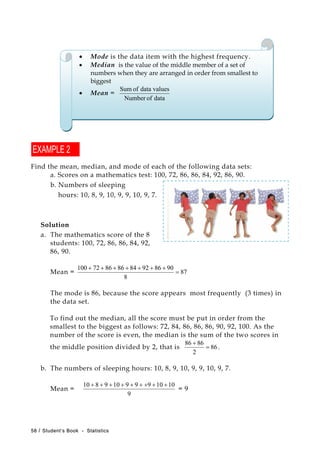 • Mode is the data item with the highest frequency.
• Median is the value of the middle member of a set of
numbers when they are arranged in order from smallest to
biggest
• Mean =
dataofNumber
valuesdataofSum
Find the mean, median, and mode of each of the following data sets:
a. Scores on a mathematics test: 100, 72, 86, 86, 84, 92, 86, 90.
b. Numbers of sleeping
hours: 10, 8, 9, 10, 9, 9, 10, 9, 7.
Solution
a. The mathematics score of the 8
students: 100, 72, 86, 86, 84, 92,
86, 90.
Mean = 87
8
90869284868672100
=
+++++++
The mode is 86, because the score appears most frequently (3 times) in
the data set.
To find out the median, all the score must be put in order from the
smallest to the biggest as follows: 72, 84, 86, 86, 86, 90, 92, 100. As the
number of the score is even, the median is the sum of the two scores in
the middle position divided by 2, that is 86
2
8686
=
+
.
b. The numbers of sleeping hours: 10, 8, 9, 10, 9, 9, 10, 9, 7.
Mean =
9
1010999109810 +++++++++
= 9
5588 // SSttuuddeenntt’’ss BBooookk -- SSttaattiissttiiccss
 