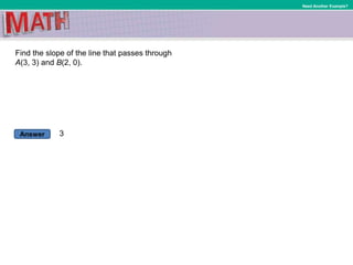 Answer
Need Another Example?
Find the slope of the line that passes through
A(3, 3) and B(2, 0).
3
 