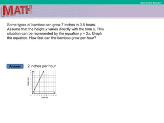 Answer
Need Another Example?
Some types of bamboo can grow 7 inches in 3.5 hours.
Assume that the height y varies directly with the time x. This
situation can be represented by the equation y = 2x. Graph
the equation. How fast can the bamboo grow per hour?
2 inches per hour
 