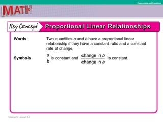 Course 3, Lesson 3-1
Expressions and Equations
Words Two quantities a and b have a proportional linear
relationship if they have a constant ratio and a constant
rate of change.
Symbols is constant and is constant.
a
b
change in
change in
b
a
 