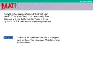 Answer
Need Another Example?
A kayak rental pavilion charges $15.00 per hour
and $2.50 for a brief lesson on kayak safety. The
total cost y to rent the kayak for x hours is given
by y = 15x + 2.5. Interpret the slope and y-intercept.
The slope 15 represents the rate of change or
cost per hour. The y-intercept 2.5 is the charge
for instruction.
 