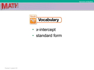 • x-intercept
• standard form
Course 3, Lesson 3-5
Expressions and Equations
 
