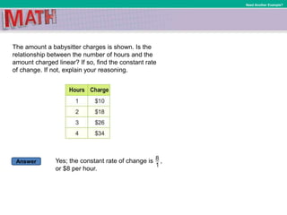 Answer
Need Another Example?
The amount a babysitter charges is shown. Is the
relationship between the number of hours and the
amount charged linear? If so, find the constant rate
of change. If not, explain your reasoning.
Yes; the constant rate of change is ,
or $8 per hour.
 