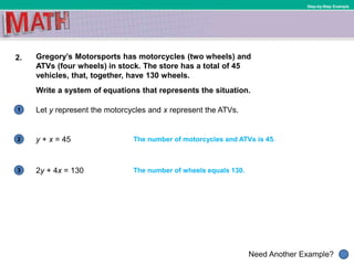 1
Need Another Example?
2
3
Step-by-Step Example
2. Gregory’s Motorsports has motorcycles (two wheels) and
ATVs (four wheels) in stock. The store has a total of 45
vehicles, that, together, have 130 wheels.
Let y represent the motorcycles and x represent the ATVs.
y + x = 45
Write a system of equations that represents the situation.
The number of motorcycles and ATVs is 45.
2y + 4x = 130 The number of wheels equals 130.
 