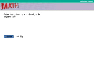 Answer
Need Another Example?
Solve the system y = x + 15 and y = 4x
algebraically.
(5, 20)
 