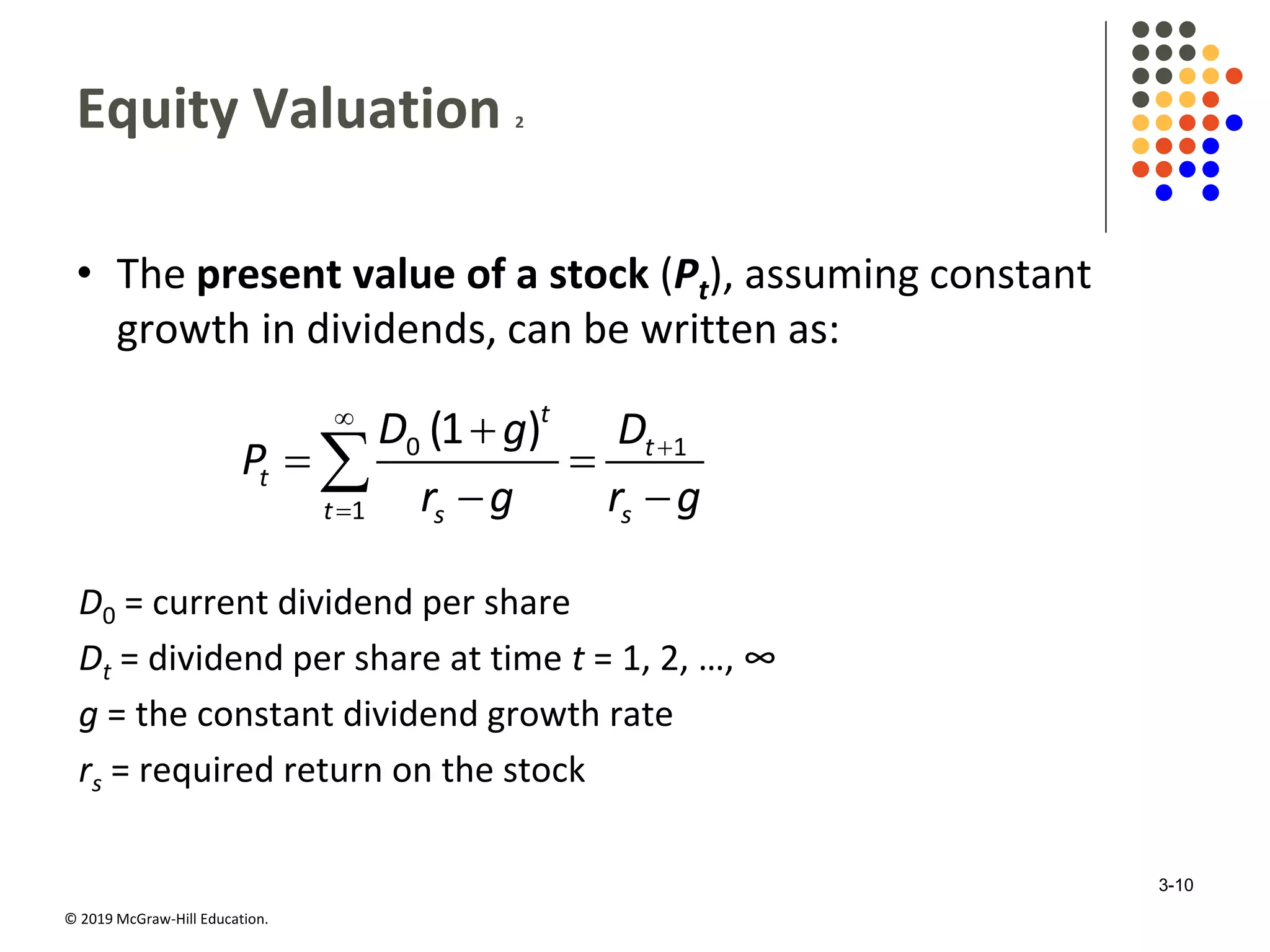 © 2019 McGraw-Hill Education.
Equity Valuation 2
• The present value of a stock (Pt), assuming constant
growth in dividends, can be written as:




 
 
 0 1
1
(1 )t
t
t
t s s
D g D
P
r g r g
D0 = current dividend per share
Dt = dividend per share at time t = 1, 2, …, ∞
g = the constant dividend growth rate
rs = required return on the stock
3-10
 