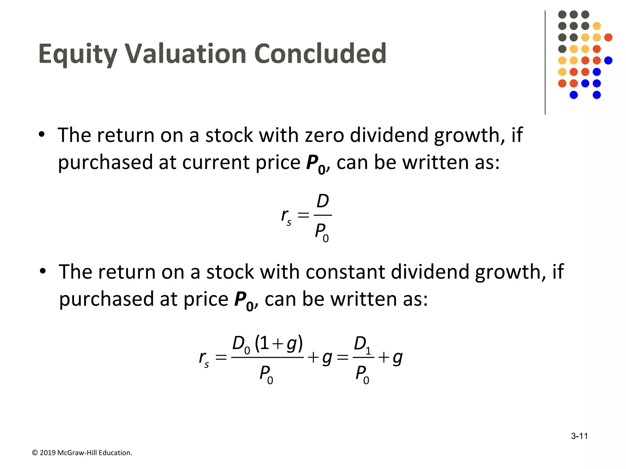 © 2019 McGraw-Hill Education.
Equity Valuation Concluded
• The return on a stock with zero dividend growth, if
purchased at current price P0, can be written as:

0
s
D
r
P
• The return on a stock with constant dividend growth, if
purchased at price P0, can be written as:

   0 1
0 0
(1 )
s
D g D
r g g
P P
3-11
 
