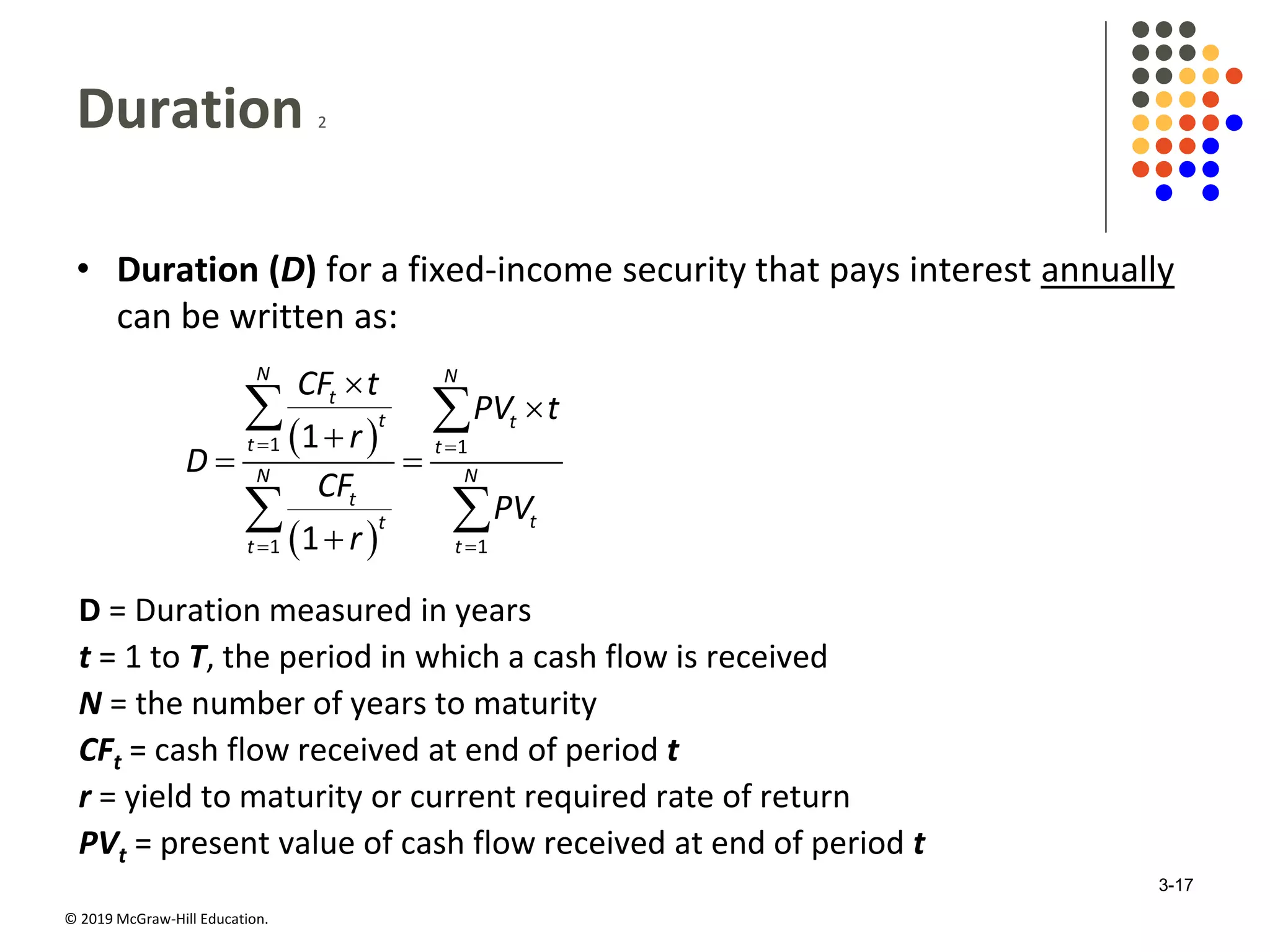 © 2019 McGraw-Hill Education.
Duration 2
• Duration (D) for a fixed-income security that pays interest annually
can be written as:
 
 
 
 



 

 
 
1 1
1 1
1
1
N N
t
t t
t t
N N
t
tt
t t
CF t
PV t
r
D
CF
PV
r
D = Duration measured in years
t = 1 to T, the period in which a cash flow is received
N = the number of years to maturity
CFt = cash flow received at end of period t
r = yield to maturity or current required rate of return
PVt = present value of cash flow received at end of period t
3-17
 