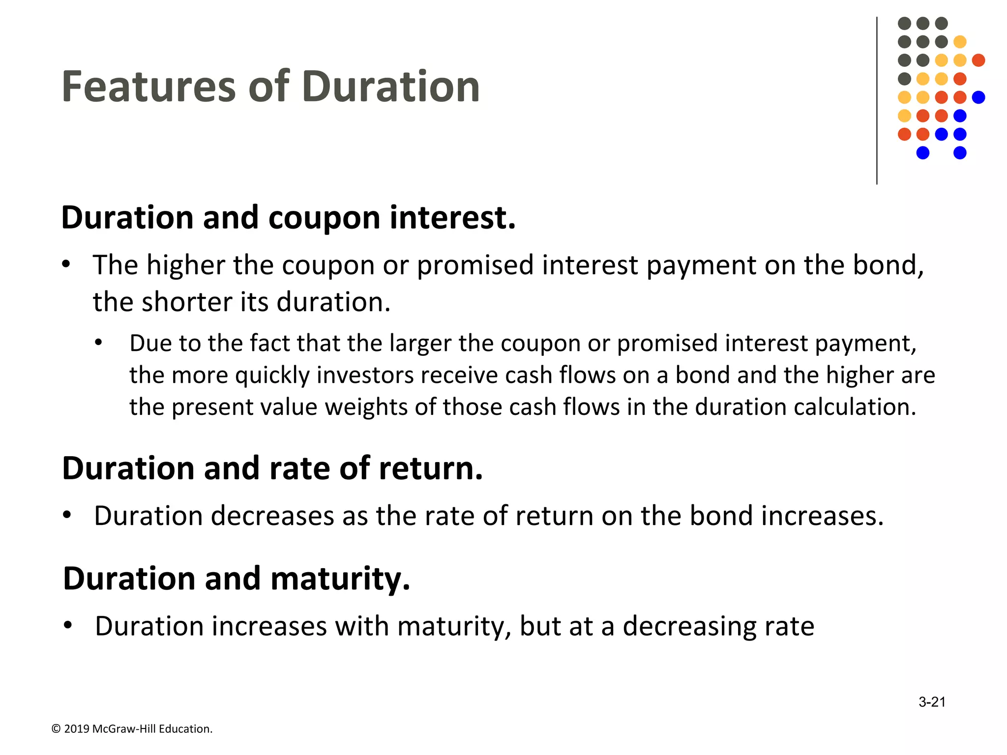 © 2019 McGraw-Hill Education.
Features of Duration
Duration and coupon interest.
• The higher the coupon or promised interest payment on the bond,
the shorter its duration.
• Due to the fact that the larger the coupon or promised interest payment,
the more quickly investors receive cash flows on a bond and the higher are
the present value weights of those cash flows in the duration calculation.
Duration and rate of return.
• Duration decreases as the rate of return on the bond increases.
Duration and maturity.
• Duration increases with maturity, but at a decreasing rate
3-21
 