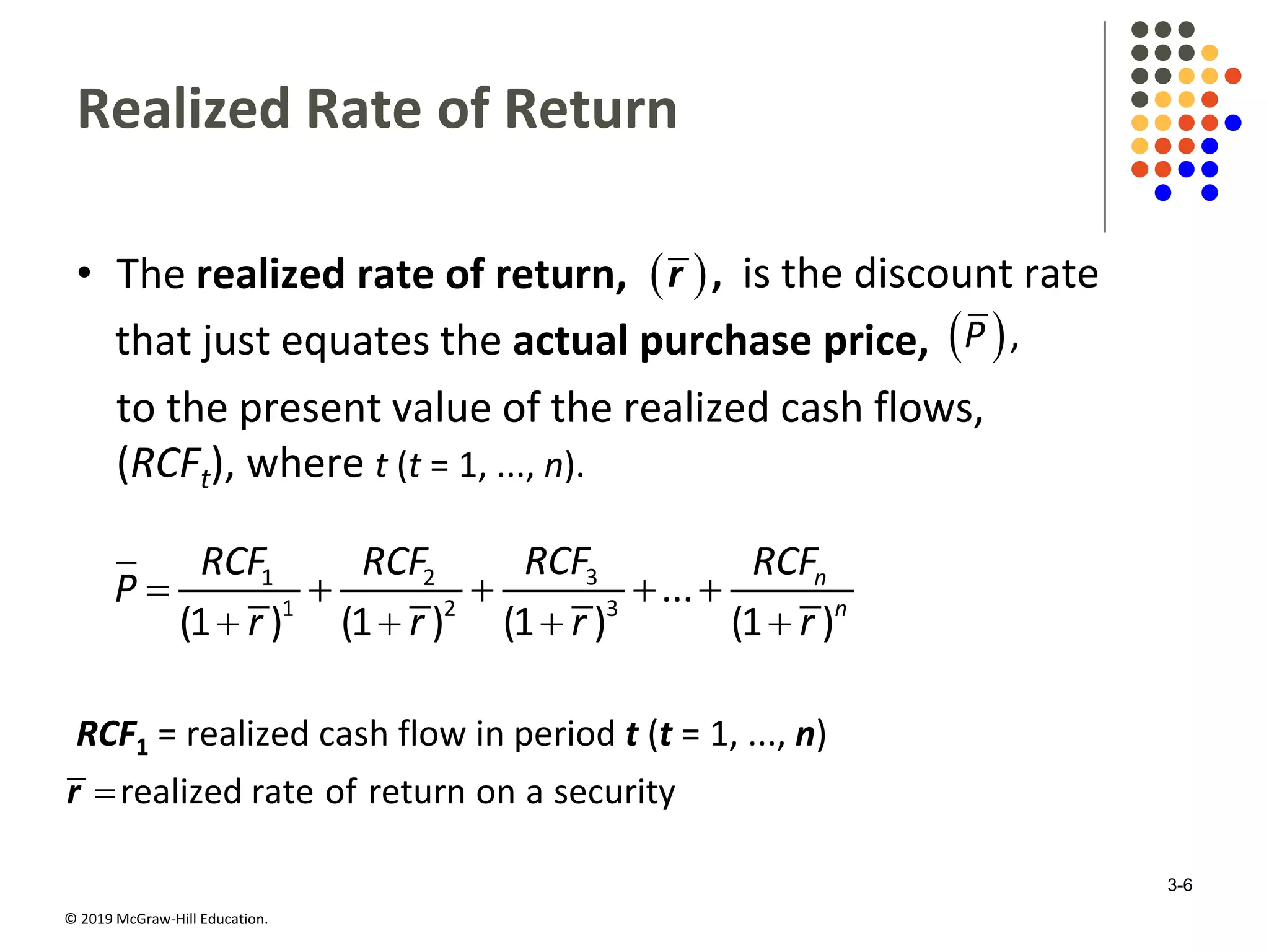 © 2019 McGraw-Hill Education.
Realized Rate of Return
• The realized rate of return,  ,r is the discount rate
that just equates the actual purchase price,  ,P
to the present value of the realized cash flows,
(RCFt), where t (t = 1, ..., n).
31 2
1 2 3
...
(1 ) (1 ) (1 ) (1 )
n
n
RCFRCF RCF RCF
P
r r r r
    
   
RCF1 = realized cash flow in period t (t = 1, ..., n)
realized rate of return on a securityr
3-6
 
