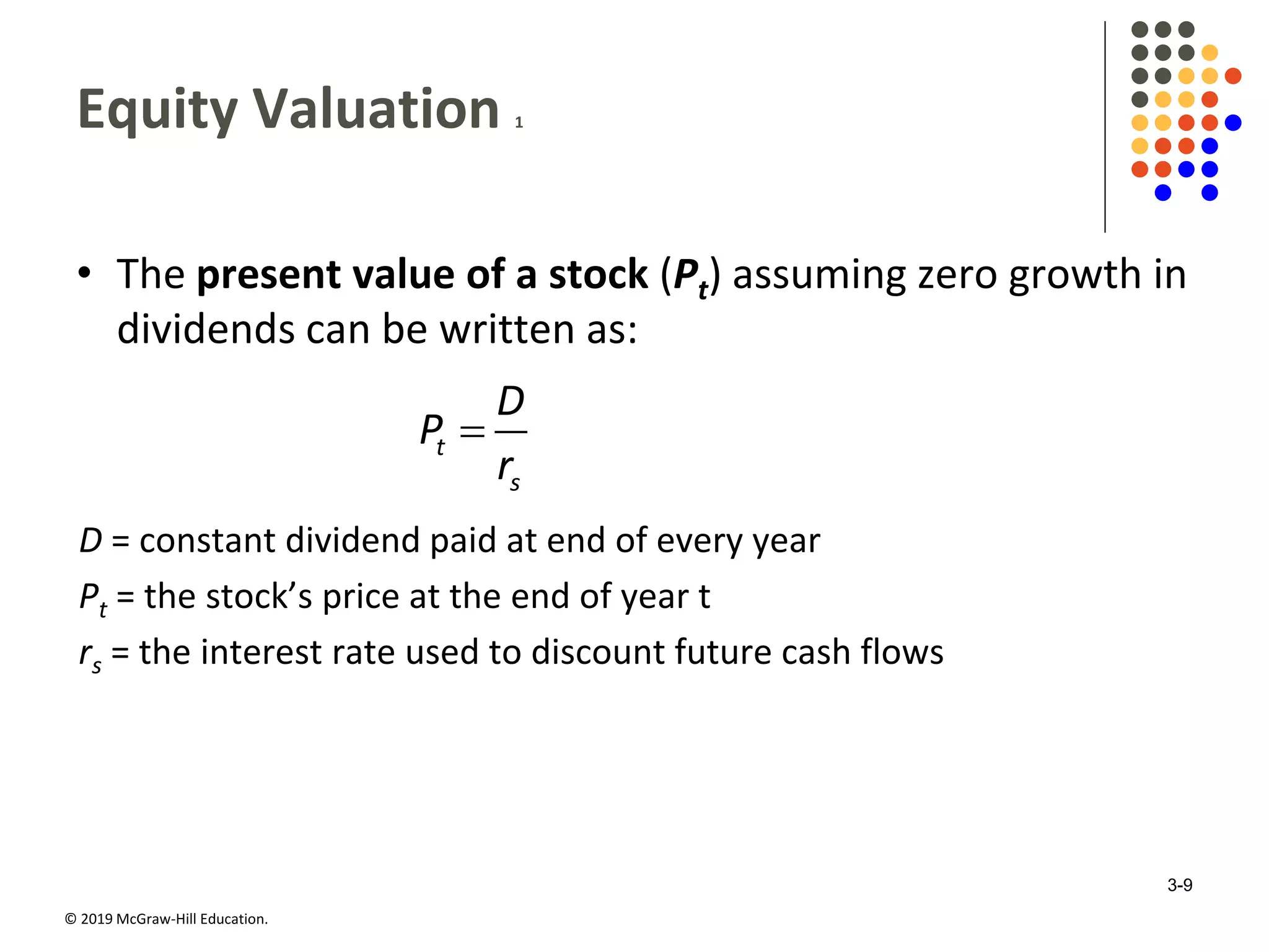 © 2019 McGraw-Hill Education.
Equity Valuation 1
• The present value of a stock (Pt) assuming zero growth in
dividends can be written as:
t
s
D
P
r
D = constant dividend paid at end of every year
Pt = the stock’s price at the end of year t
rs = the interest rate used to discount future cash flows
3-9
 