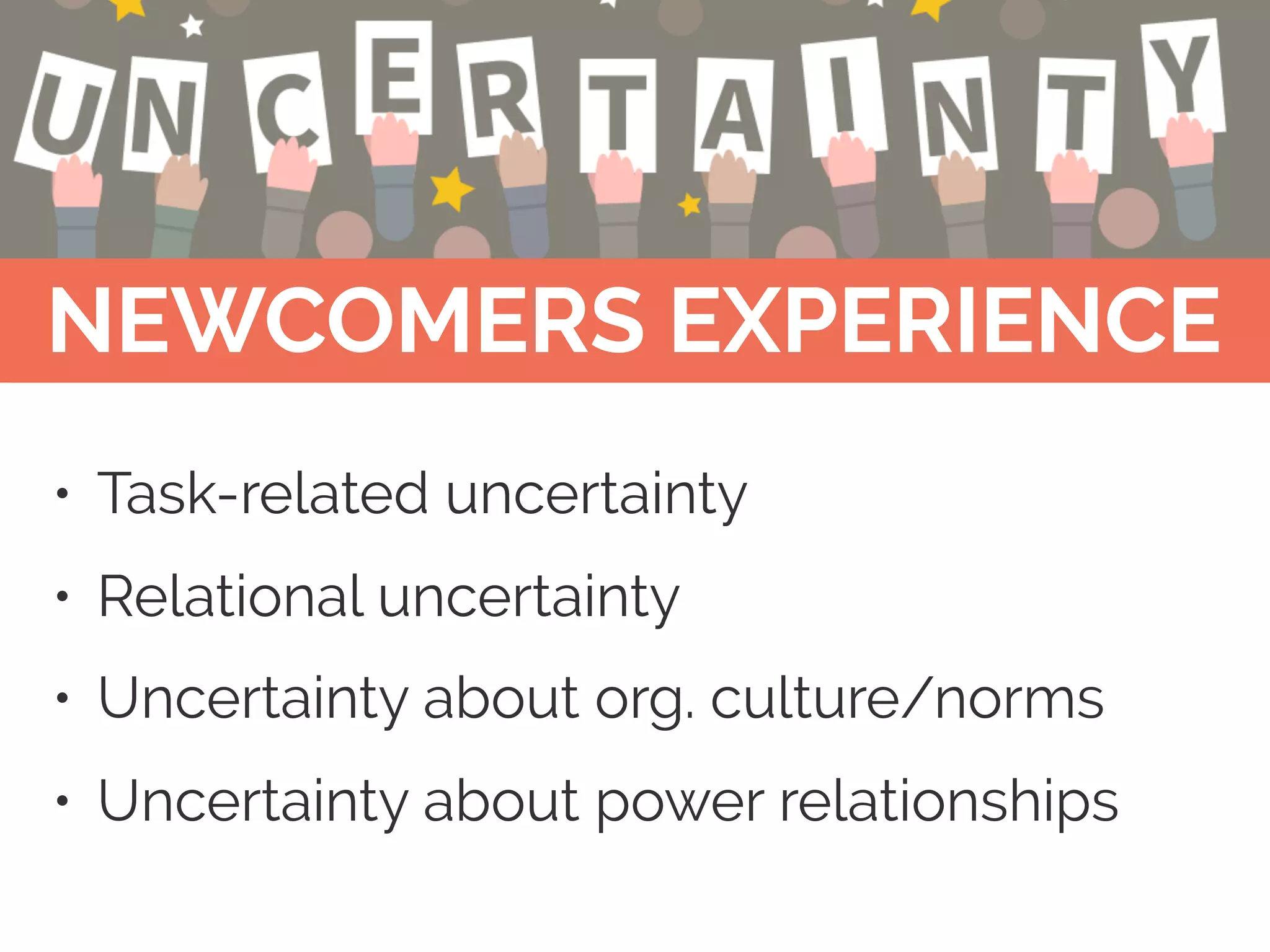 6
NEWCOMERS EXPERIENCE
• Task-related uncertainty
• Relational uncertainty
• Uncertainty about org. culture/norms
• Uncertainty about power relationships
 