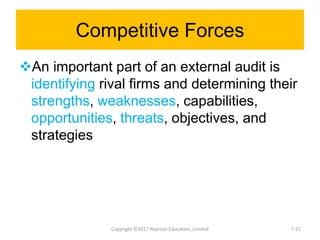 Competitive Forces
An important part of an external audit is
identifying rival firms and determining their
strengths, weaknesses, capabilities,
opportunities, threats, objectives, and
strategies
Copyright ©2017 Pearson Education, Limited 7-21
 
