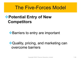 The Five-Forces Model
Potential Entry of New
Competitors
Barriers to entry are important
Quality, pricing, and marketing can
overcome barriers
Copyright ©2017 Pearson Education, Limited 7-30
 