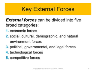 Key External Forces
External forces can be divided into five
broad categories:
1. economic forces
2. social, cultural, demographic, and natural
environment forces
3. political, governmental, and legal forces
4. technological forces
5. competitive forces
Copyright ©2017 Pearson Education, Limited 7-7
 