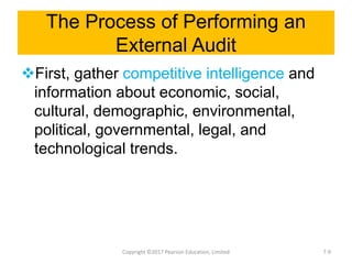 The Process of Performing an
External Audit
First, gather competitive intelligence and
information about economic, social,
cultural, demographic, environmental,
political, governmental, legal, and
technological trends.
Copyright ©2017 Pearson Education, Limited 7-9
 