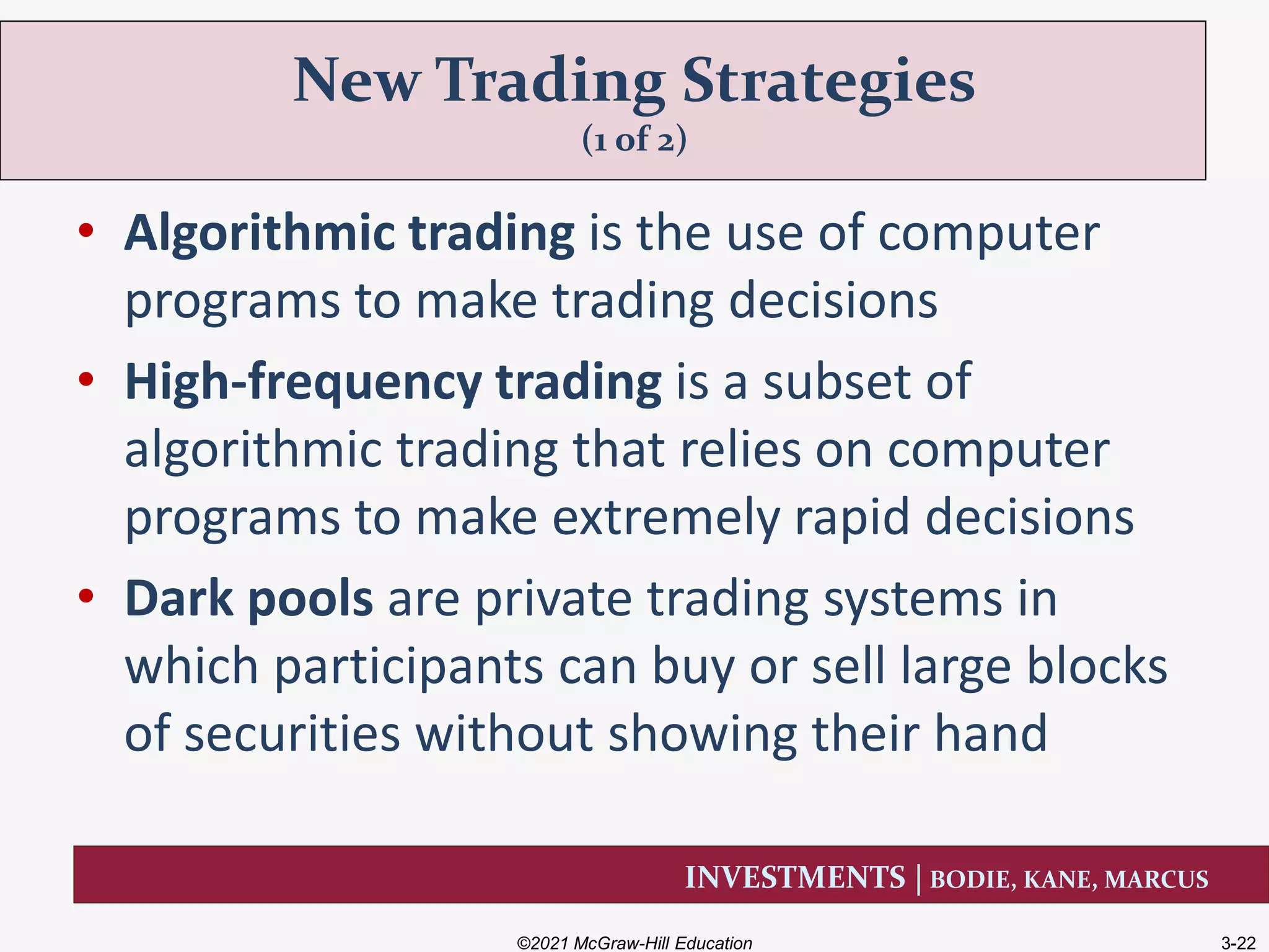INVESTMENTS | BODIE, KANE, MARCUS
• Algorithmic trading is the use of computer
programs to make trading decisions
• High-frequency trading is a subset of
algorithmic trading that relies on computer
programs to make extremely rapid decisions
• Dark pools are private trading systems in
which participants can buy or sell large blocks
of securities without showing their hand
New Trading Strategies
(1 of 2)
©2021 McGraw-Hill Education 3-22
 