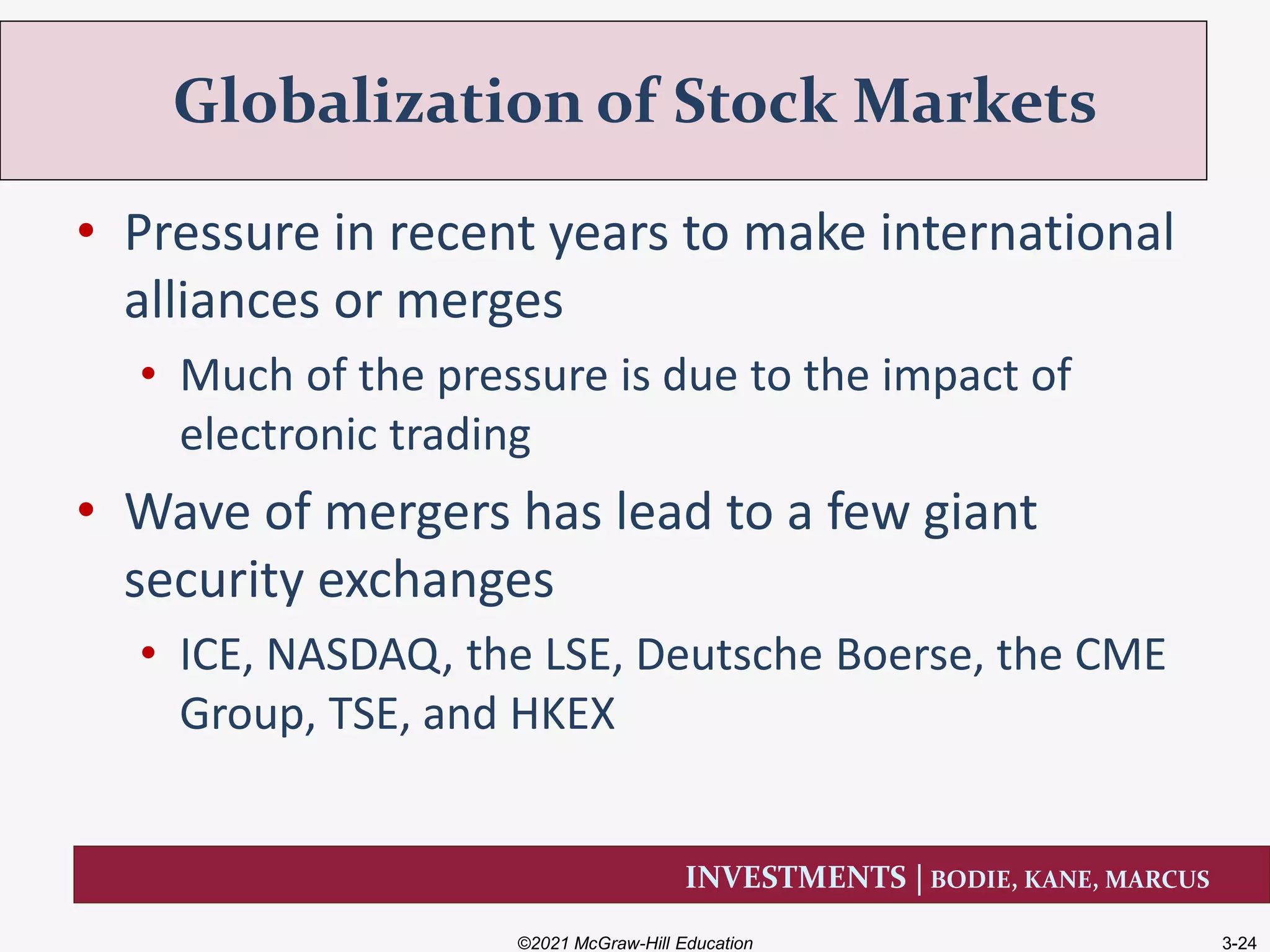 INVESTMENTS | BODIE, KANE, MARCUS
• Pressure in recent years to make international
alliances or merges
• Much of the pressure is due to the impact of
electronic trading
• Wave of mergers has lead to a few giant
security exchanges
• ICE, NASDAQ, the LSE, Deutsche Boerse, the CME
Group, TSE, and HKEX
Globalization of Stock Markets
©2021 McGraw-Hill Education 3-24
 